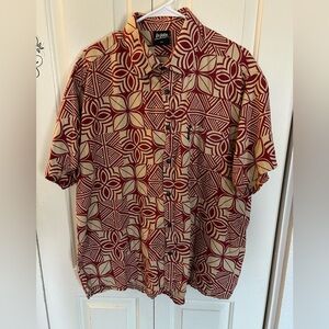 Lee Button-Down Casual Short Sleeve Shirt - Red & Cream Geometric